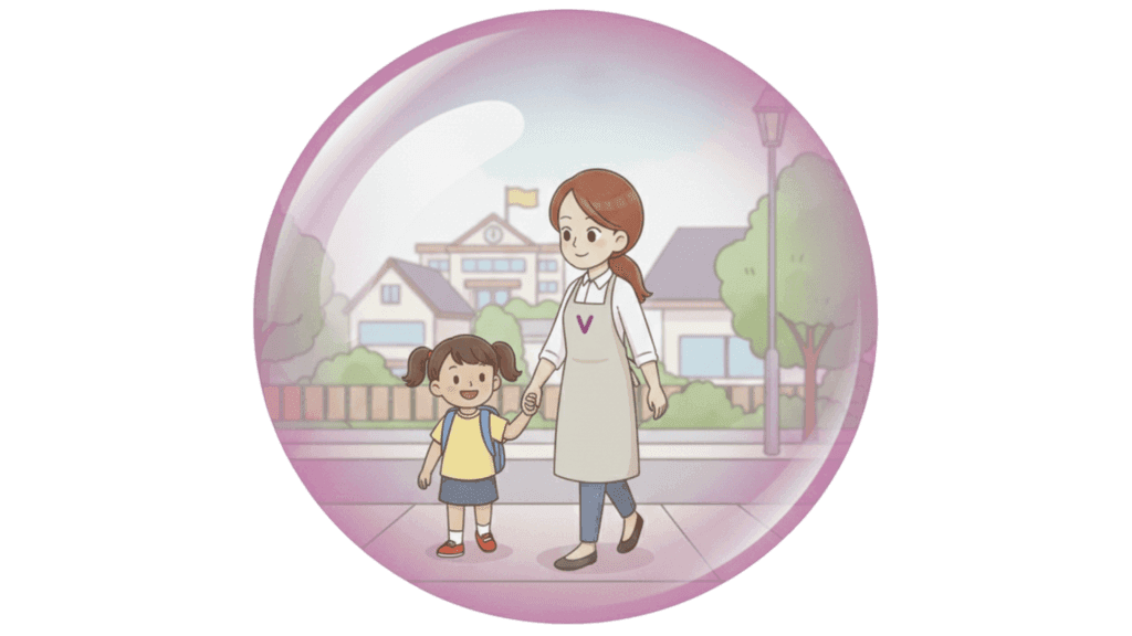 Illustration d'une petite fille et d'une aide à domicile qui se donnent la main.