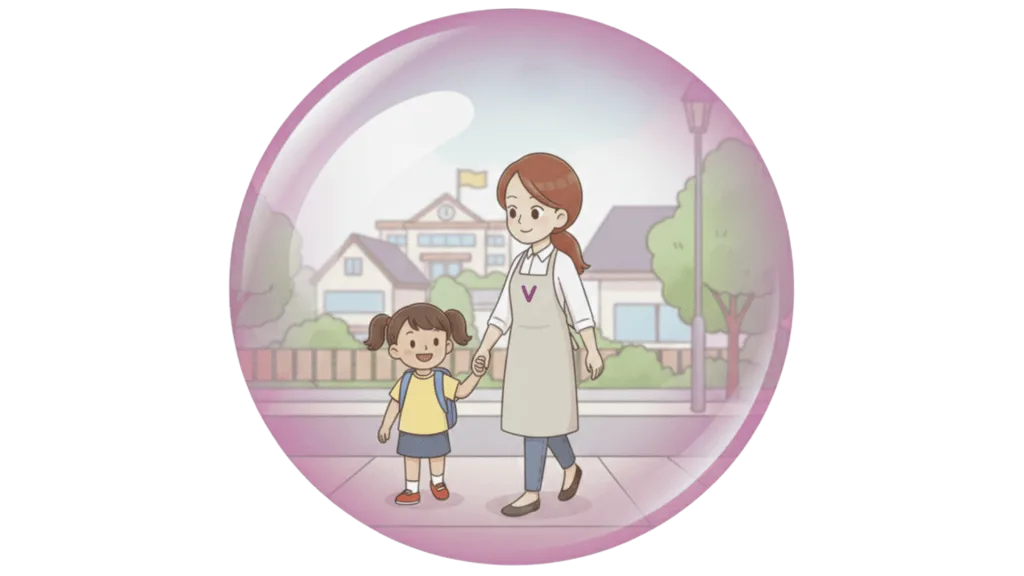 Illustration d'une petite fille et d'une aide à domicile qui se donnent la main.