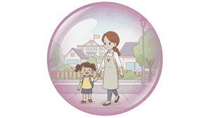 Illustration d'une petite fille et d'une aide à domicile qui se donnent la main.