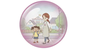 Illustration d'une petite fille et d'une aide à domicile qui se donnent la main.