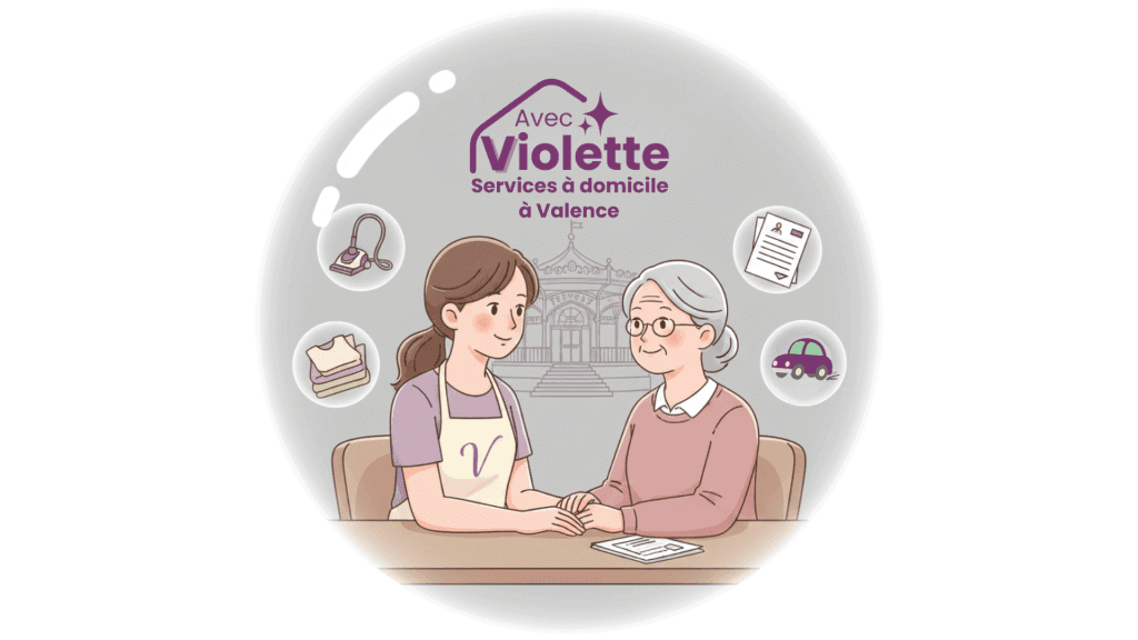 Illustration d'une jeune femme et d'une dame âgée autour d'une table. Elles sourient. L'image est dans une bulle et représente l'agence de services d'aide à domicile à Valence, Avec Violette.