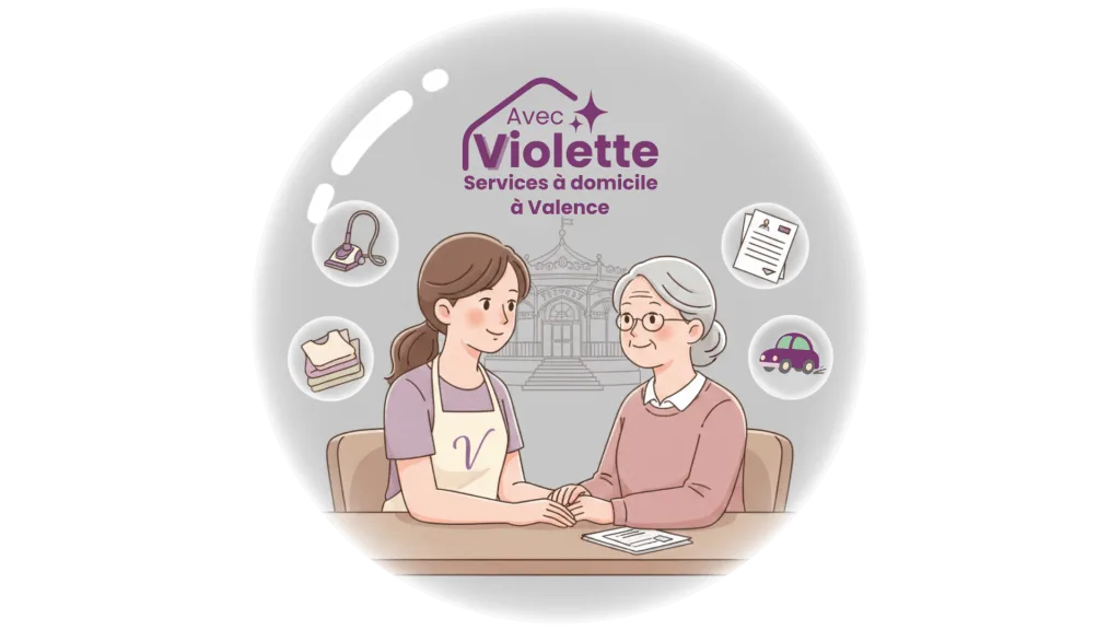 Illustration d'une jeune femme et d'une dame âgée autour d'une table. Elles sourient. L'image est dans une bulle et représente l'agence de services d'aide à domicile à Valence, Avec Violette.