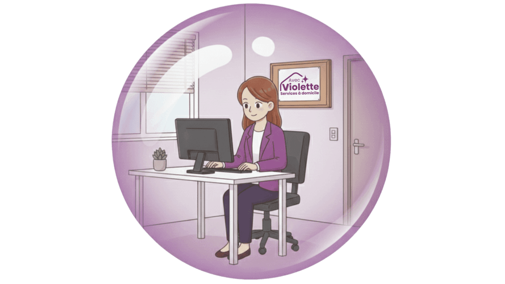 Illustration d'une personne se trouvant devant un ordinateur. Cette illustration représente l'agence de services d'aide à domicile à Valence, Avec Violette.