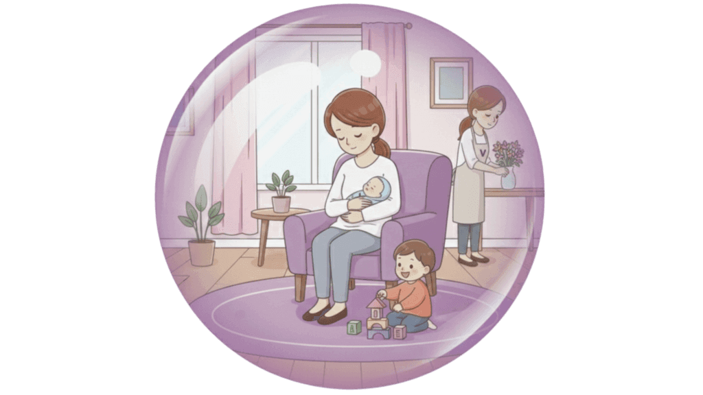 Illustration d'une maman assise dans un fauteuil avec son bébé dans les bras. Il y a un autre enfant, plus âgé qui joue par terre et une aide à domicile, qui nettoie.