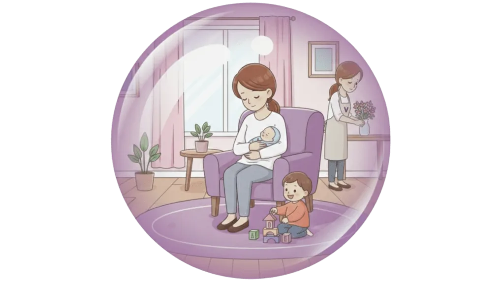 Illustration d'une maman assise dans un fauteuil avec son bébé dans les bras. Il y a un autre enfant, plus âgé qui joue par terre et une aide à domicile, qui nettoie.