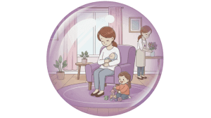 Illustration d'une maman assise dans un fauteuil avec son bébé dans les bras. Il y a un autre enfant, plus âgé qui joue par terre et une aide à domicile, qui nettoie.