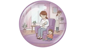 Illustration d'une maman assise dans un fauteuil avec son bébé dans les bras. Il y a un autre enfant, plus âgé qui joue par terre et une aide à domicile, qui nettoie.