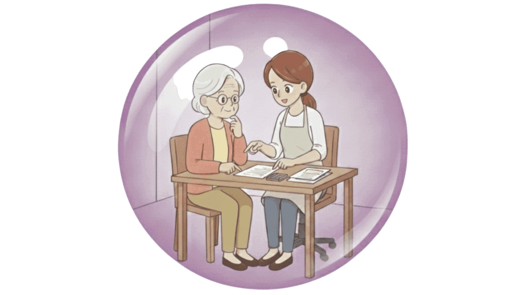 Illustration d'une aide à domicile qui assiste un dame âgée dans ses formalités administratives.