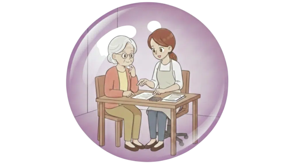 Illustration d'une aide à domicile qui assiste un dame âgée dans ses formalités administratives.