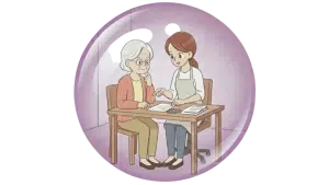 Illustration d'une aide à domicile qui assiste un dame âgée dans ses formalités administratives.