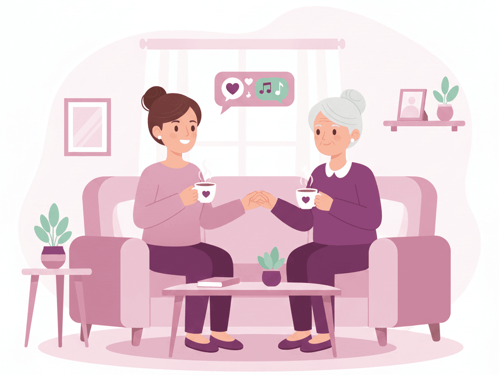 Flat illustration d'une jeune femme qui échange avec une vieille dame. elles boivent un café et sourient. Cette image illustre les services d'aide à domicile de l'agence Avec Violette à Valence.