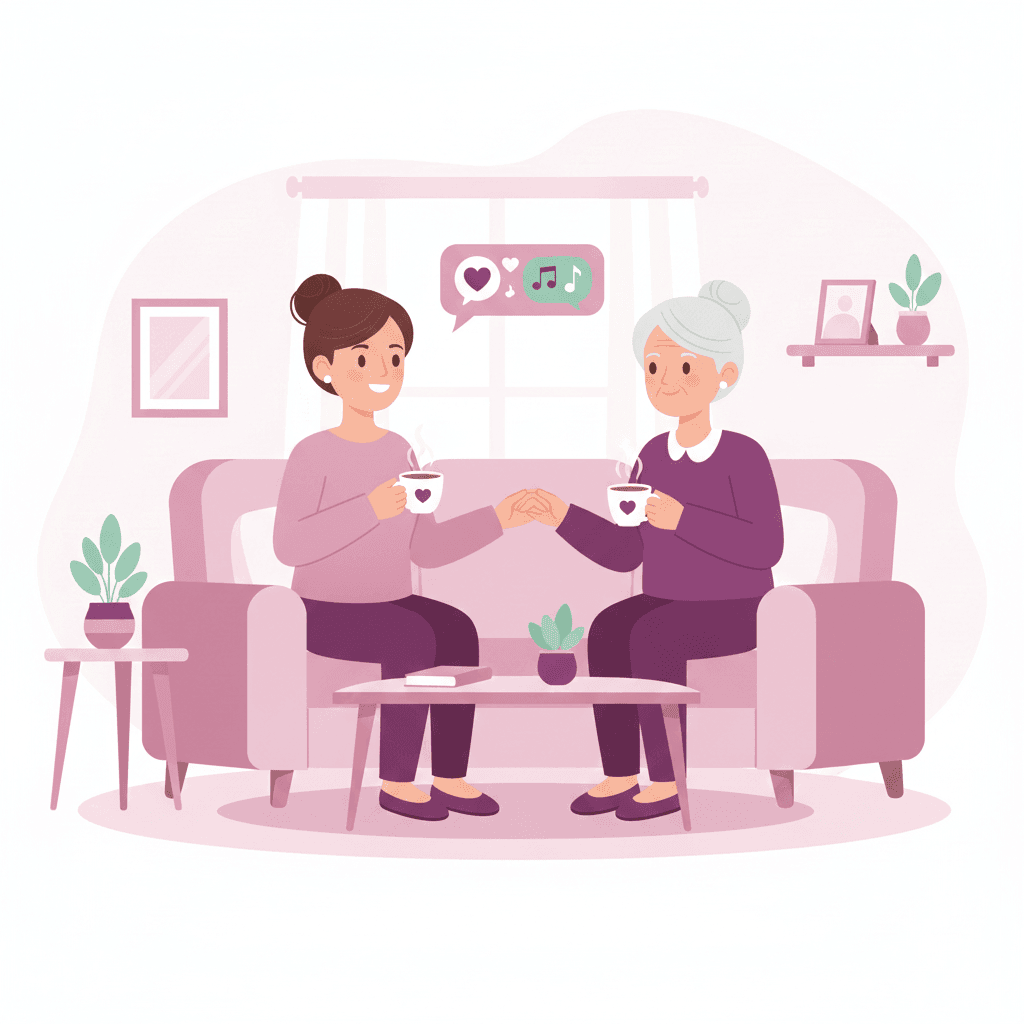 Flat illustration d'une jeune femme qui échange avec une vieille dame. elles boivent un café et sourient. Cette image illustre les services d'aide à domicile de l'agence Avec Violette à Valence.