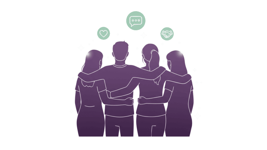 Illustration avec 4 personnes qui se tiennent par la taille. Elle représente l'équipe soudée de l'agence d'aide à domicile à Valence : Avec Violette.