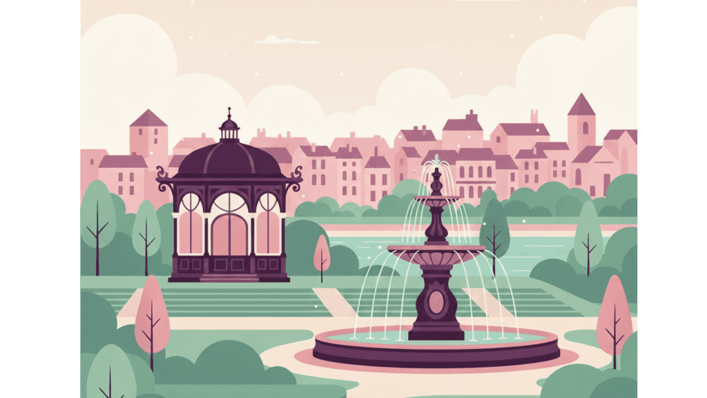 Flat illustration qui représente la ville de Valence en Drôme. On y trouve le kiosque Peynet et la fontaine.