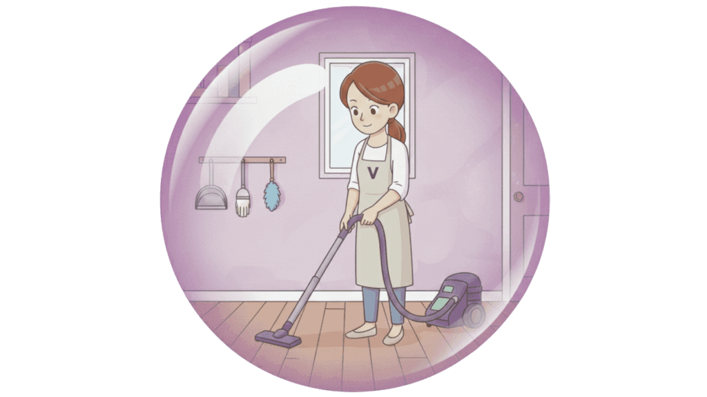 Illustration d'une aide ménagère qui passe l'aspirateur.