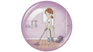 Illustration d'une aide ménagère qui passe l'aspirateur.