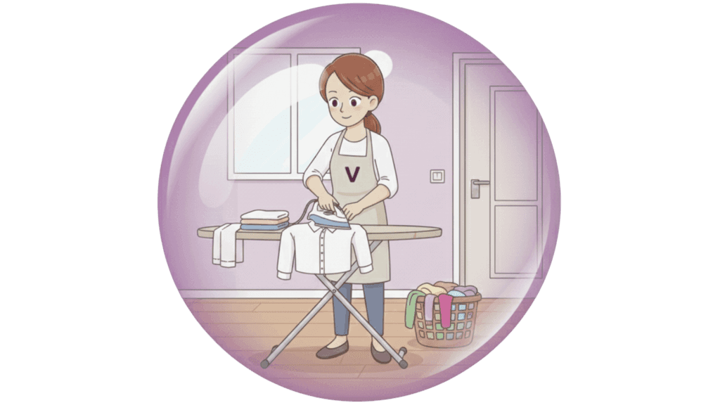 Illustration d'une femme de ménage qui repasse du linge.