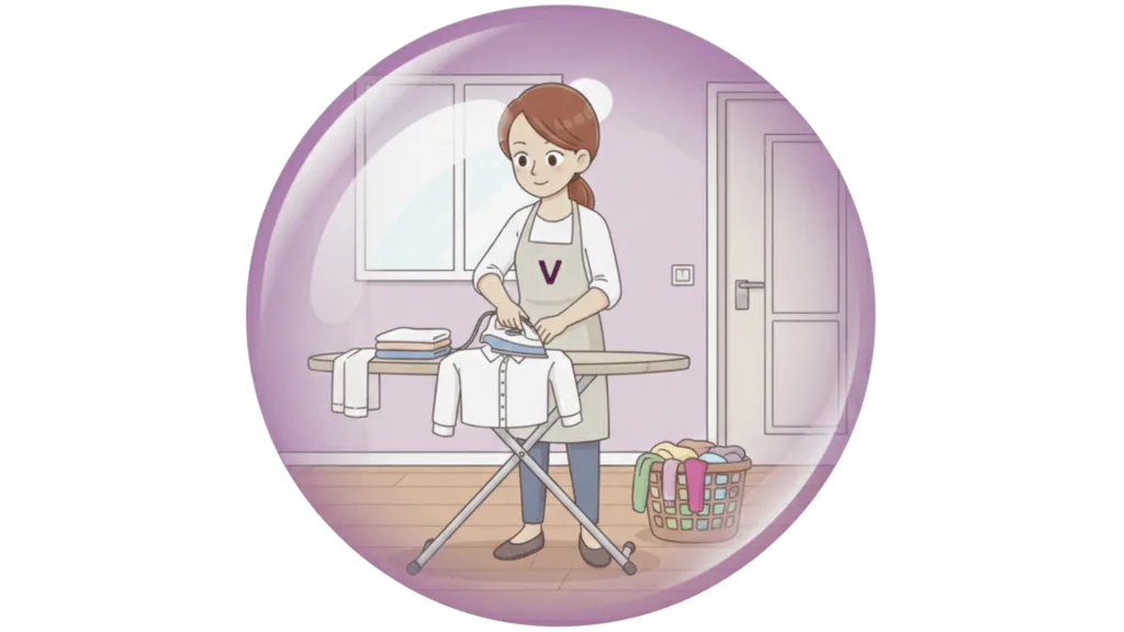 Illustration d'une femme de ménage qui repasse du linge.