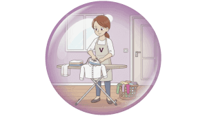 Illustration d'une femme de ménage qui repasse du linge.
