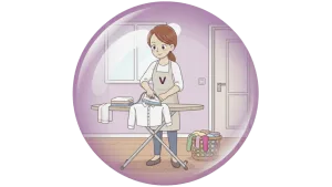 Illustration d'une femme de ménage qui repasse du linge.