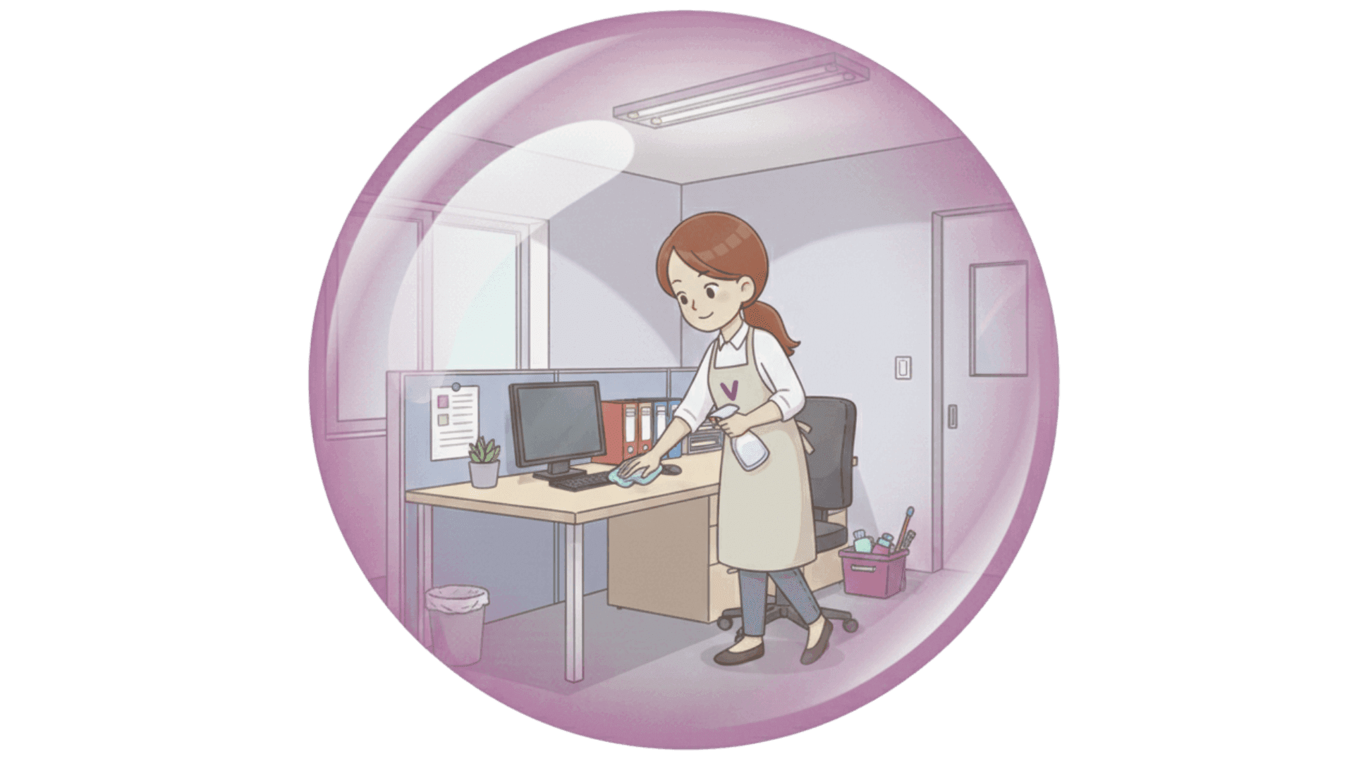 Illustration d'une femme de ménage qui nettoie des espaces professionnels.
