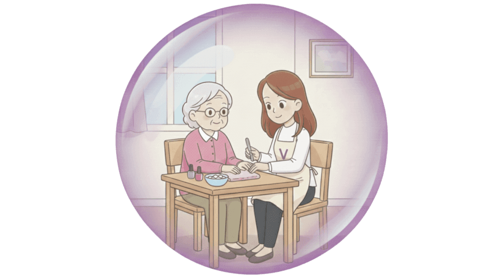 Illustration d'une vieille dame et d'une aide à domicile qui lui passe du vernis à ongles.