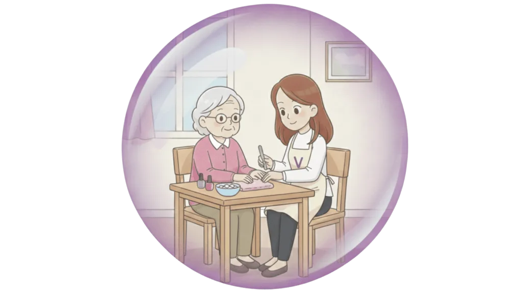 Illustration d'une vieille dame et d'une aide à domicile qui lui passe du vernis à ongles.