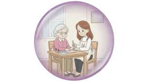 Illustration d'une vieille dame et d'une aide à domicile qui lui passe du vernis à ongles.