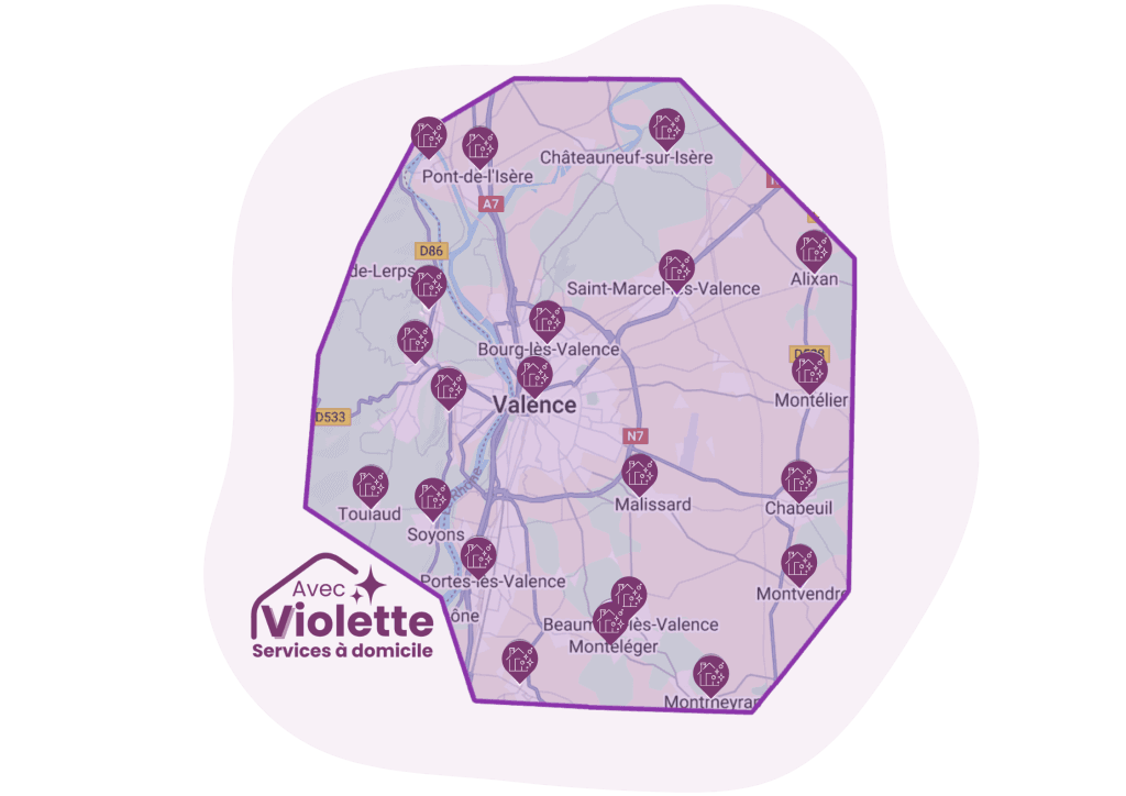 Carte créée avec Google map des zones desservies par l'agence de services à domicile valentinoise, Avec Violette.