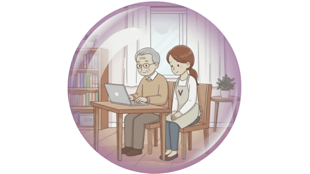 Illustration d'une aide ménagère et d'un vieux monsieur assis devant un ordinateur. Cette illustration représente le service d'aide informatique à domicile à Valence de l'agence Avec Violette.