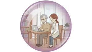 Illustration d'une aide ménagère et d'un vieux monsieur assis devant un ordinateur. Cette illustration représente le service d'aide informatique à domicile à Valence de l'agence Avec Violette.