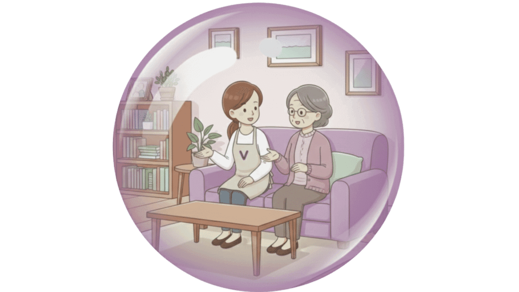 Illustration d'une aide à domicile et d'une dame assises sur un canapé. Elles discutent. Cette image illustre la page FAQ de l'agence des services à domicile à Valence, Avec Violette.