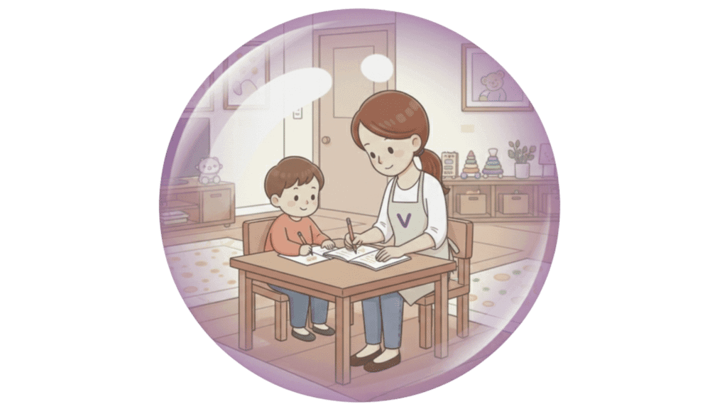 Illustration d'une aide ménagère et d'un petit garçon assis autour d'une table. Ils écrivent. Cette illustration représente la garde d'enfants de plus de 3 ans à domicile, à Valence.