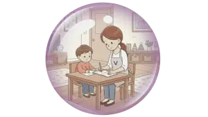 Illustration d'une aide ménagère et d'un petit garçon assis autour d'une table. Ils écrivent. Cette illustration représente la garde d'enfants de plus de 3 ans à domicile, à Valence.