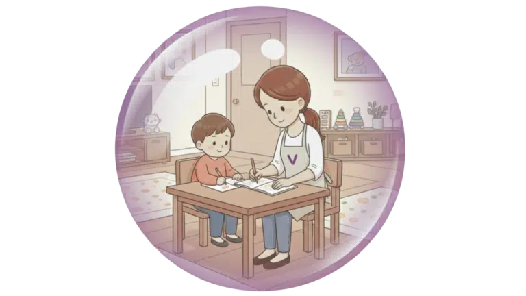 Illustration d'une aide ménagère et d'un petit garçon assis autour d'une table. Ils écrivent. Cette illustration représente la garde d'enfants de plus de 3 ans à domicile, à Valence.