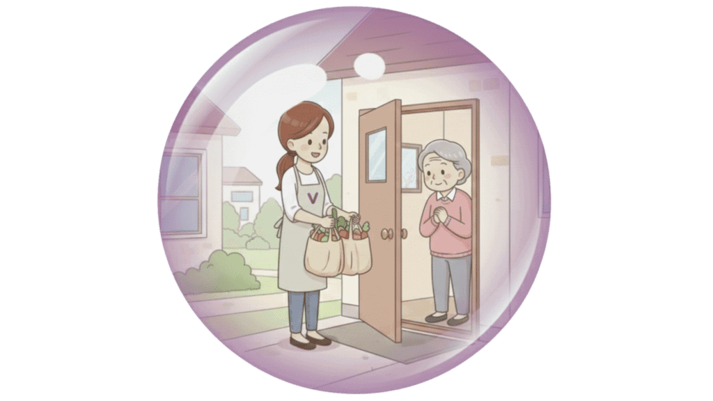 Illustration d'une aide ménagère qui dépose des courses à une dame âgée qui se tient devant sa porte.