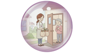 Illustration d'une aide ménagère qui dépose des courses à une dame âgée qui se tient devant sa porte.