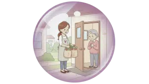 Illustration d'une aide ménagère qui dépose des courses à une dame âgée qui se tient devant sa porte.