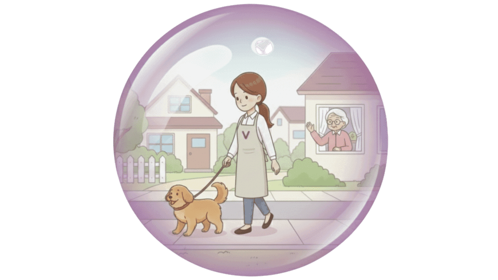 Illustration d'une aide ménagère qui promène un chien laisse. Elle représente l'un des services à domicile de l'agence Avec Violette à Valence.