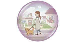 Illustration d'une aide ménagère qui promène un chien laisse. Elle représente l'un des services à domicile de l'agence Avec Violette à Valence.