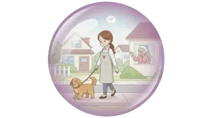 Illustration d'une aide ménagère qui promène un chien laisse. Elle représente l'un des services à domicile de l'agence Avec Violette à Valence.