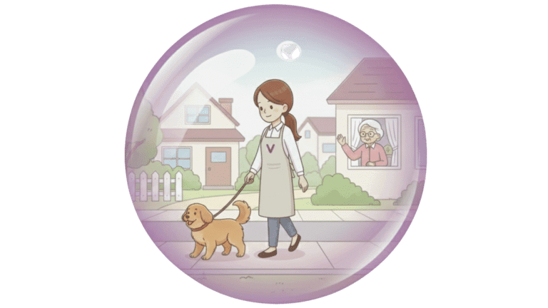 Illustration d'une aide ménagère qui promène un chien laisse. Elle représente l'un des services à domicile de l'agence Avec Violette à Valence.