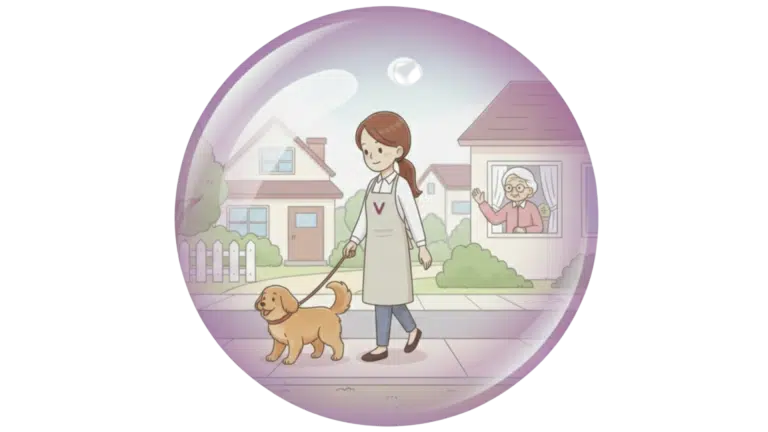 Illustration d'une aide ménagère qui promène un chien laisse. Elle représente l'un des services à domicile de l'agence Avec Violette à Valence.