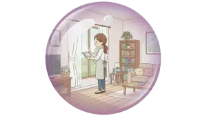 Illustration représentant une femme qui tient du courrier. Elle illustre les services à domicile de l'agence Avec Violette à Valence.